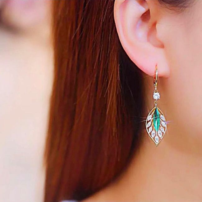 Green Crystal Golden Leaves Earrings for Women