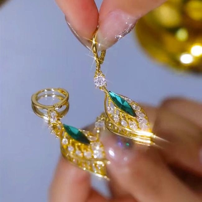 Green Crystal Golden Leaves Earrings for Women